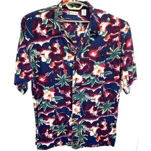 Bugle Boy Men's Hawaiian Shirt XL Palms/Orchids Design Rayon Button Up